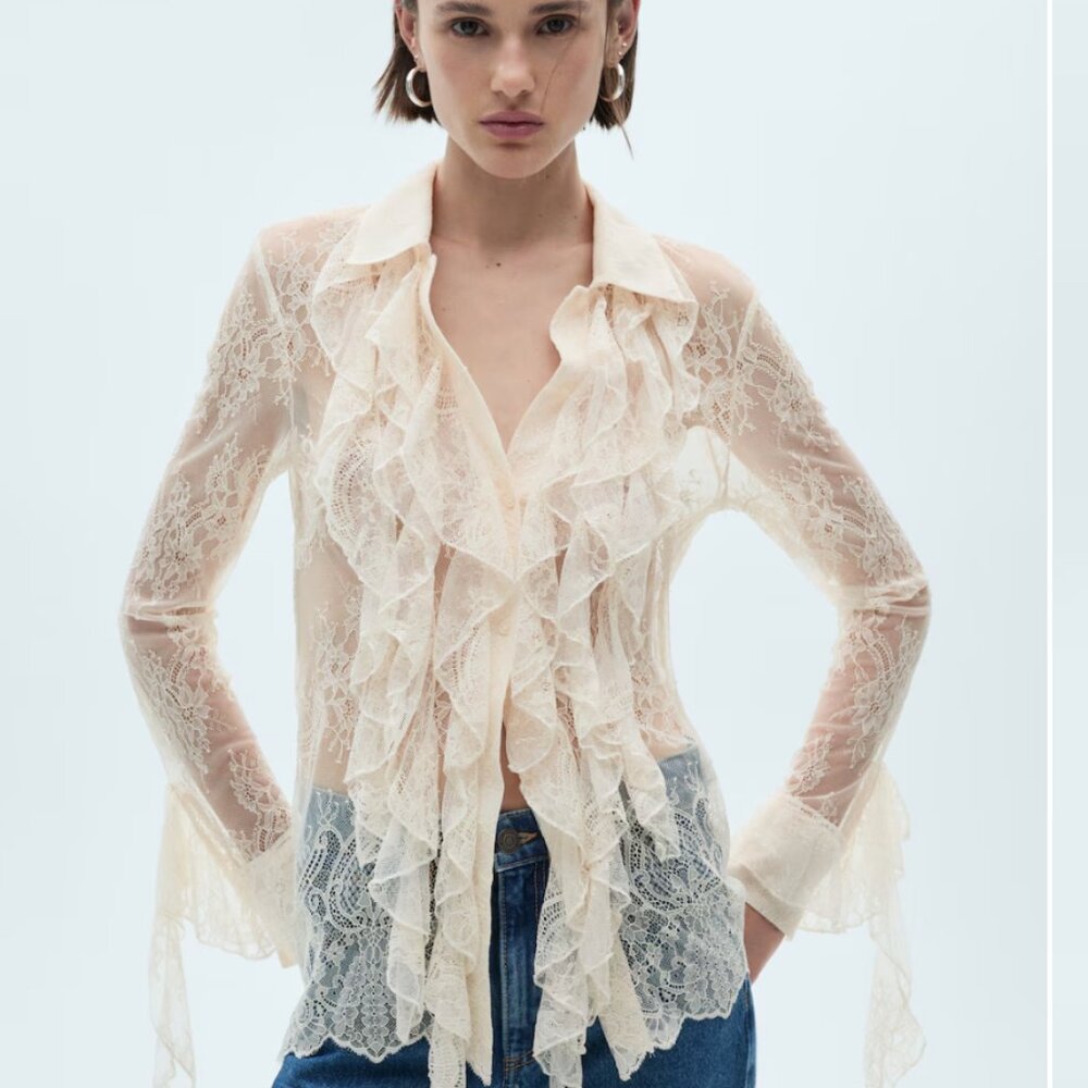 Ruffled guipure shirt Mango size 6